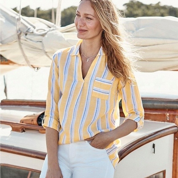 J. Jill Tops - J. Jill Love Linen Yellow Striped V-Neck Long Sleeve Tunic Top Women's Sz Medium